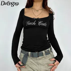 Streetwear Lace Trim Black Tee Shirt Female Slim Letter Printed Bow Harajuku Autumn T shirt Tops Casual Basic Sweats