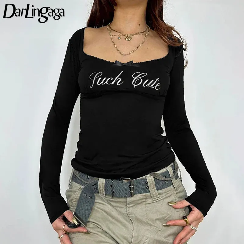 Streetwear Lace Trim Black Tee Shirt Female Slim Letter Printed Bow Harajuku Autumn T shirt Tops Casual Basic Sweats