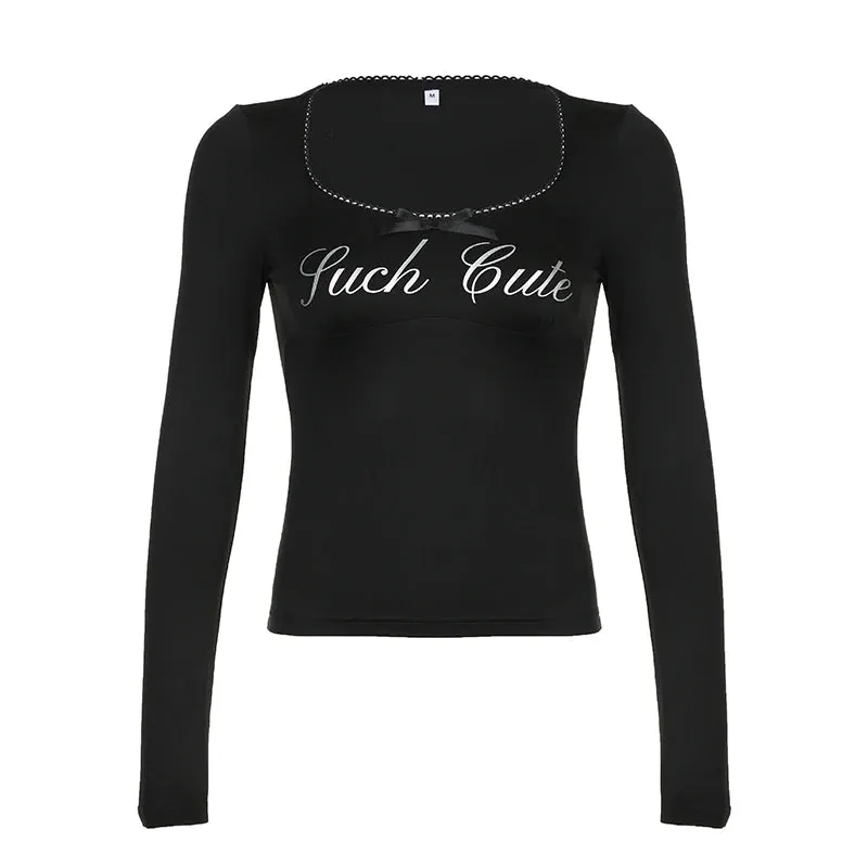 Streetwear Lace Trim Black Tee Shirt Female Slim Letter Printed Bow Harajuku Autumn T shirt Tops Casual Basic Sweats