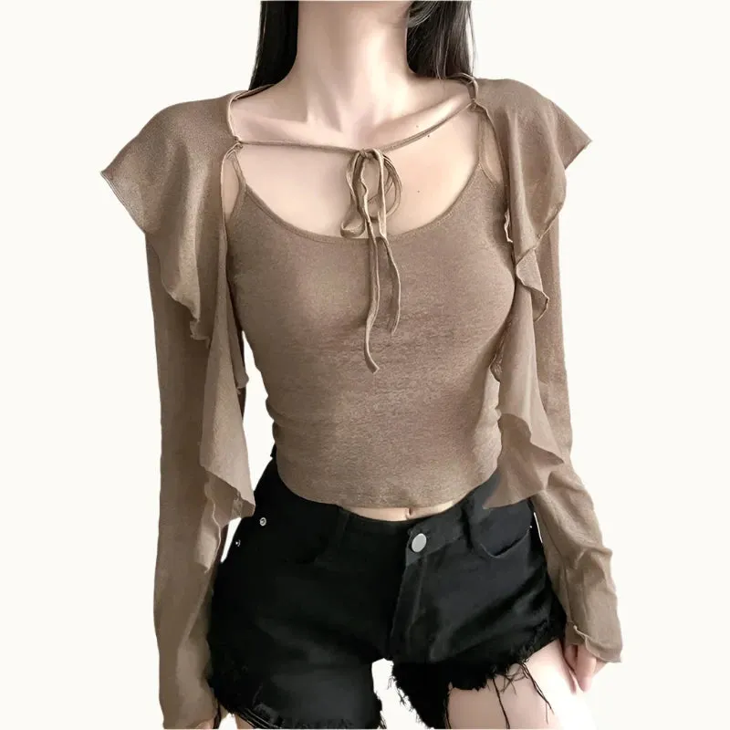 Trashy Y2k Hooded Long Sleeves Crop Tops Women Fall Clothing 2023 Girl T Shirt Two Pieces Cardigan And Camis P94-CD19
