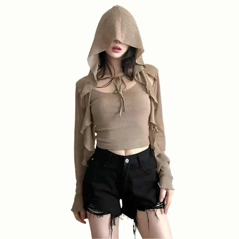 Trashy Y2k Hooded Long Sleeves Crop Tops Women Fall Clothing 2023 Girl T Shirt Two Pieces Cardigan And Camis P94-CD19
