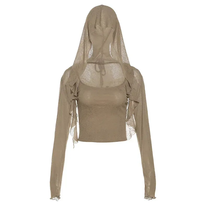 Trashy Y2k Hooded Long Sleeves Crop Tops Women Fall Clothing 2023 Girl T Shirt Two Pieces Cardigan And Camis P94-CD19
