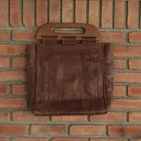 Vintage Leather Boho Satchel. Cognac Brown Leather.  Wood Handles. Overnight Bag.