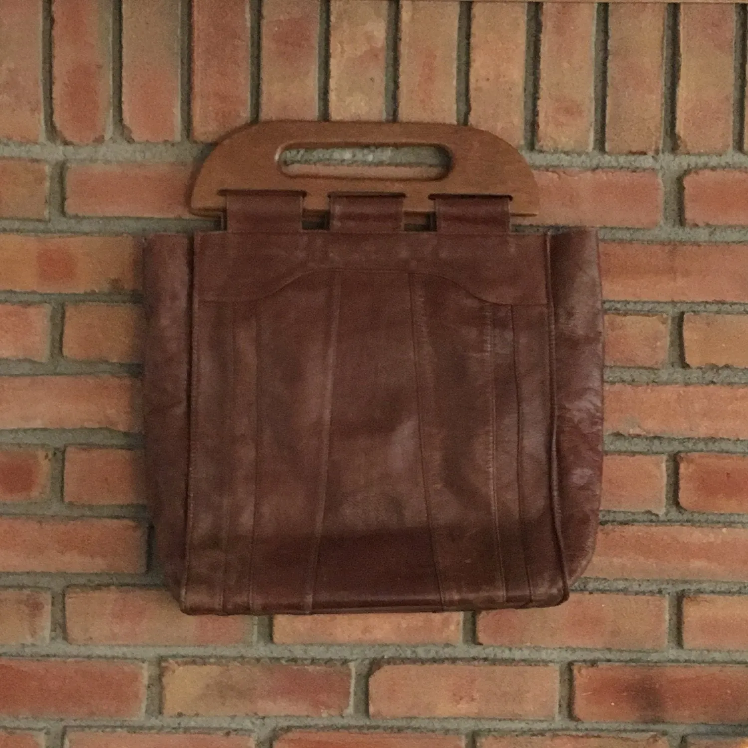 Vintage Leather Boho Satchel. Cognac Brown Leather.  Wood Handles. Overnight Bag.