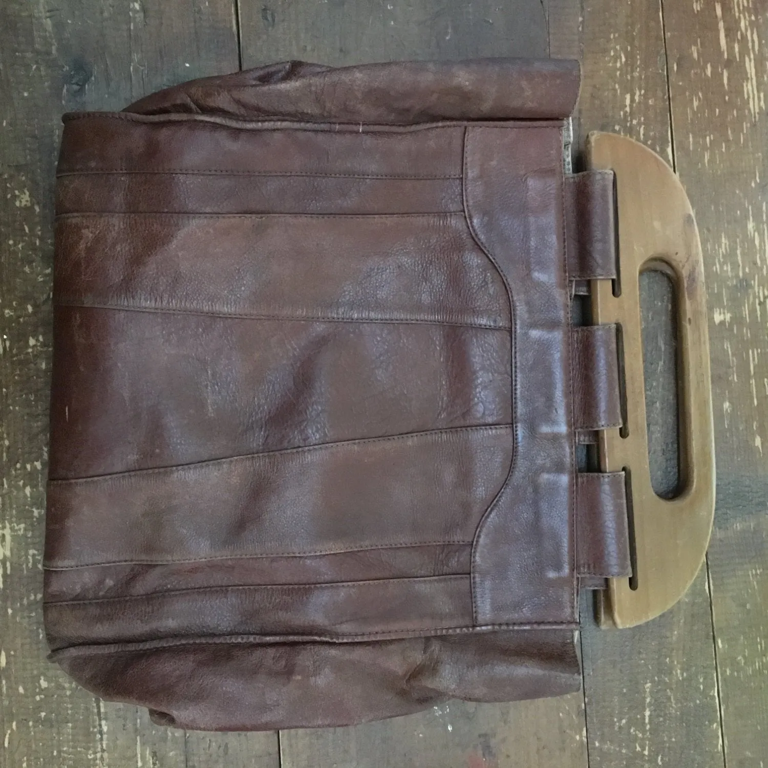 Vintage Leather Boho Satchel. Cognac Brown Leather.  Wood Handles. Overnight Bag.