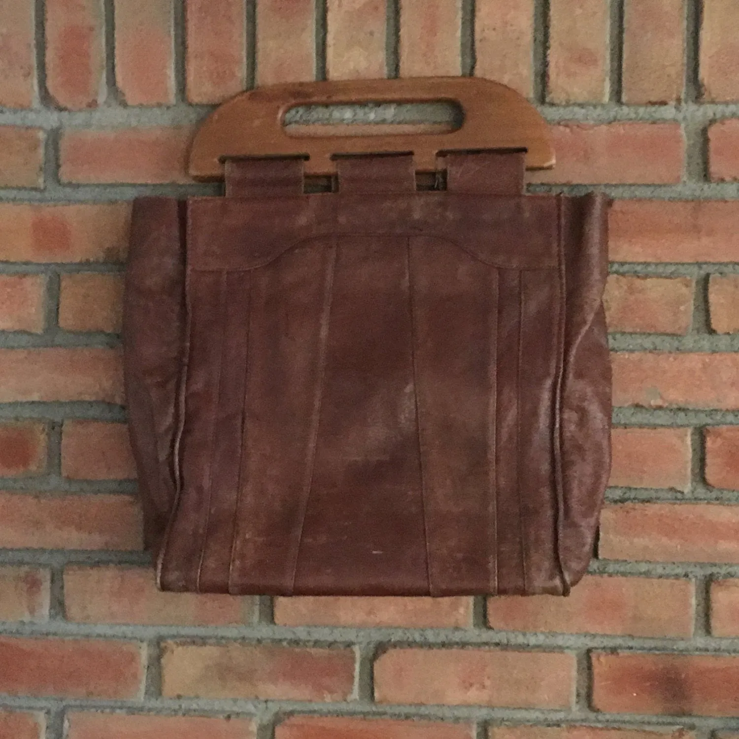 Vintage Leather Boho Satchel. Cognac Brown Leather.  Wood Handles. Overnight Bag.