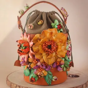 Vintage Three-Dimensional Flower Cluster Style Pure Handmade Cowhide Artistic Ladies Flowers  Handbag Bucket Bag