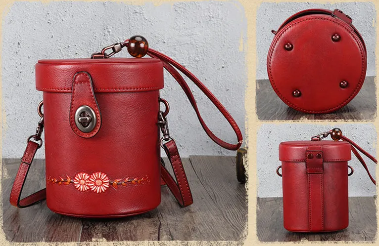 Vintage Womens Leather Crossbody Bucket Bag With Daisy Pattern Side Bags For Women