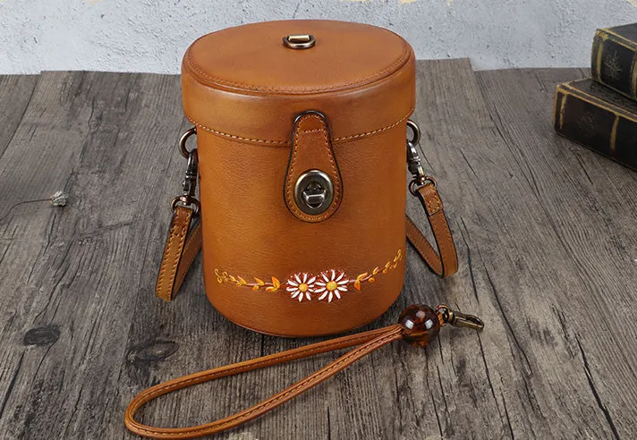 Vintage Womens Leather Crossbody Bucket Bag With Daisy Pattern Side Bags For Women