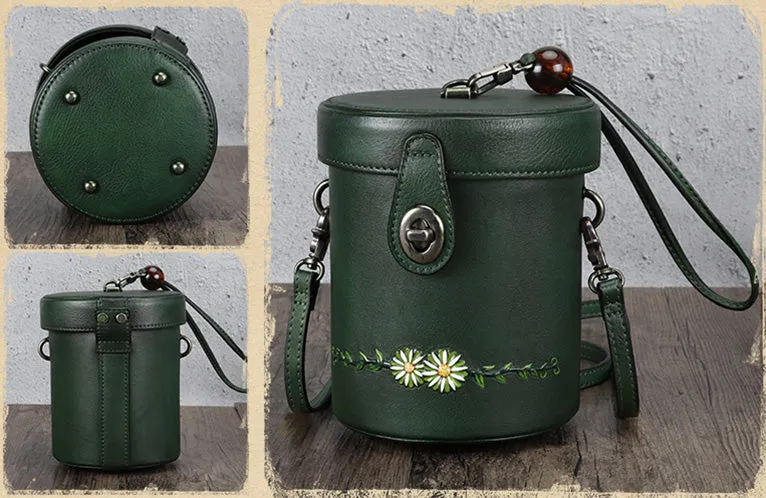Vintage Womens Leather Crossbody Bucket Bag With Daisy Pattern Side Bags For Women