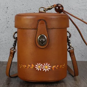 Vintage Womens Leather Crossbody Bucket Bag With Daisy Pattern Side Bags For Women