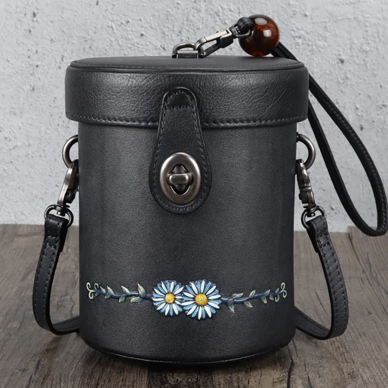 Vintage Womens Leather Crossbody Bucket Bag With Daisy Pattern Side Bags For Women