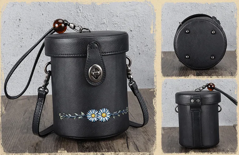 Vintage Womens Leather Crossbody Bucket Bag With Daisy Pattern Side Bags For Women