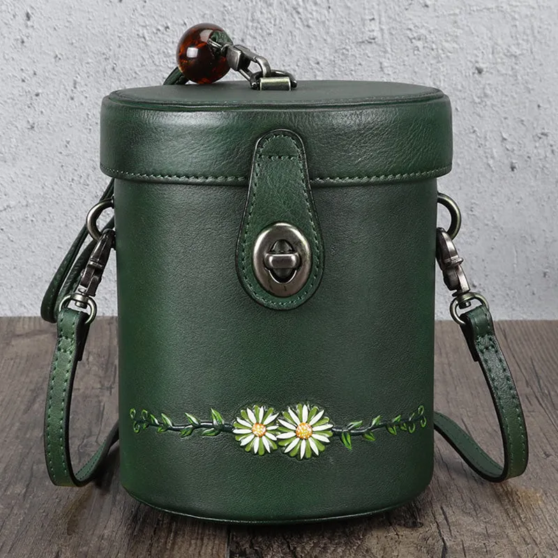 Vintage Womens Leather Crossbody Bucket Bag With Daisy Pattern Side Bags For Women