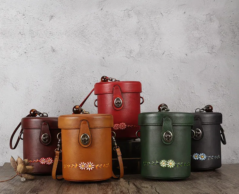 Vintage Womens Leather Crossbody Bucket Bag With Daisy Pattern Side Bags For Women