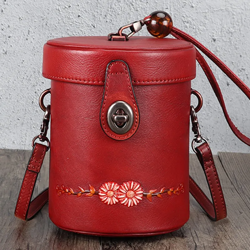 Vintage Womens Leather Crossbody Bucket Bag With Daisy Pattern Side Bags For Women