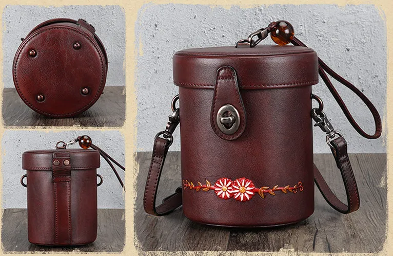 Vintage Womens Leather Crossbody Bucket Bag With Daisy Pattern Side Bags For Women