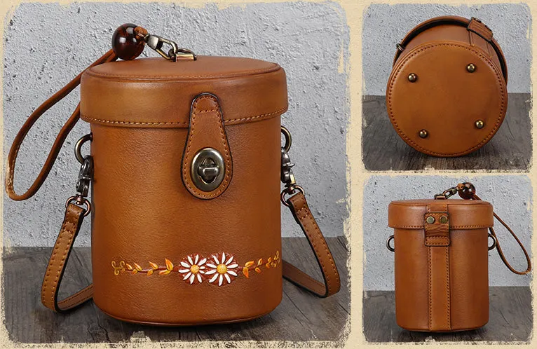 Vintage Womens Leather Crossbody Bucket Bag With Daisy Pattern Side Bags For Women