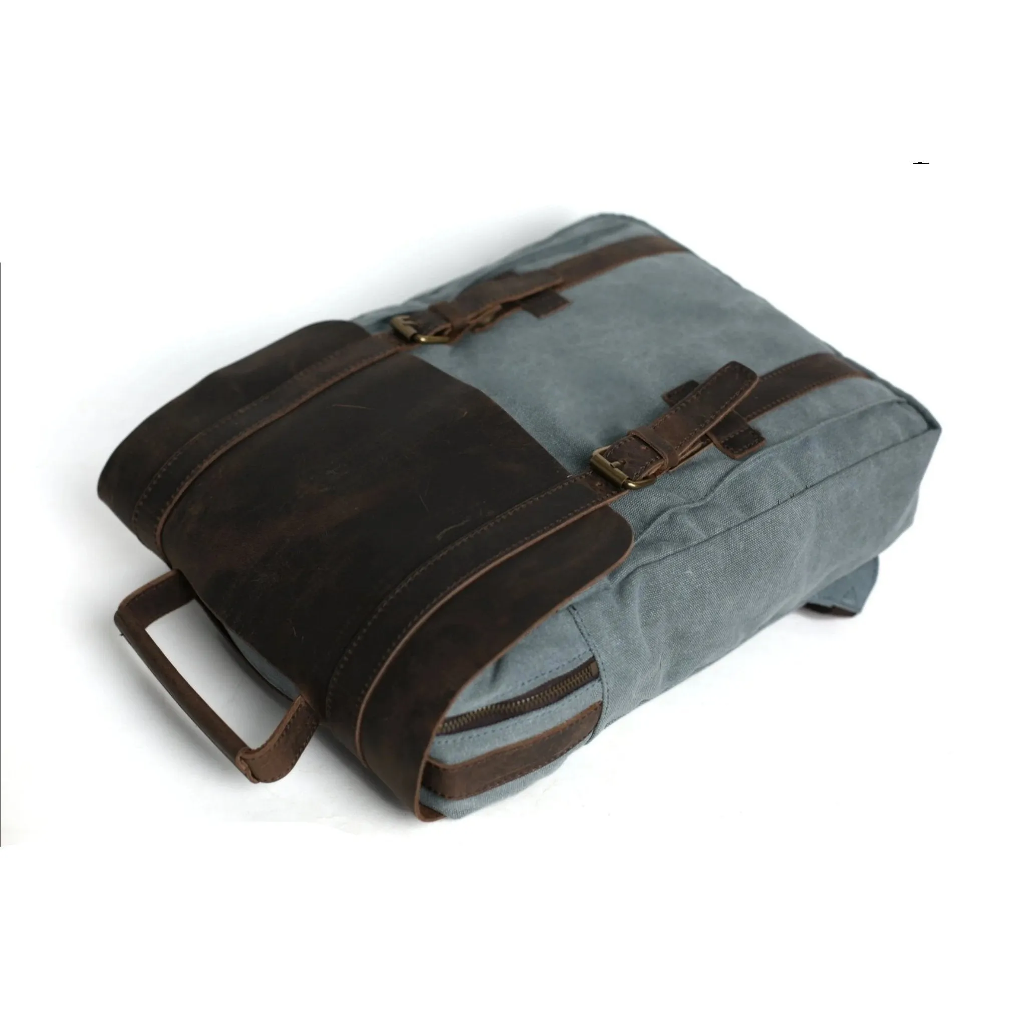Waxed Canvas and Leather Double strap Backpack - Blue