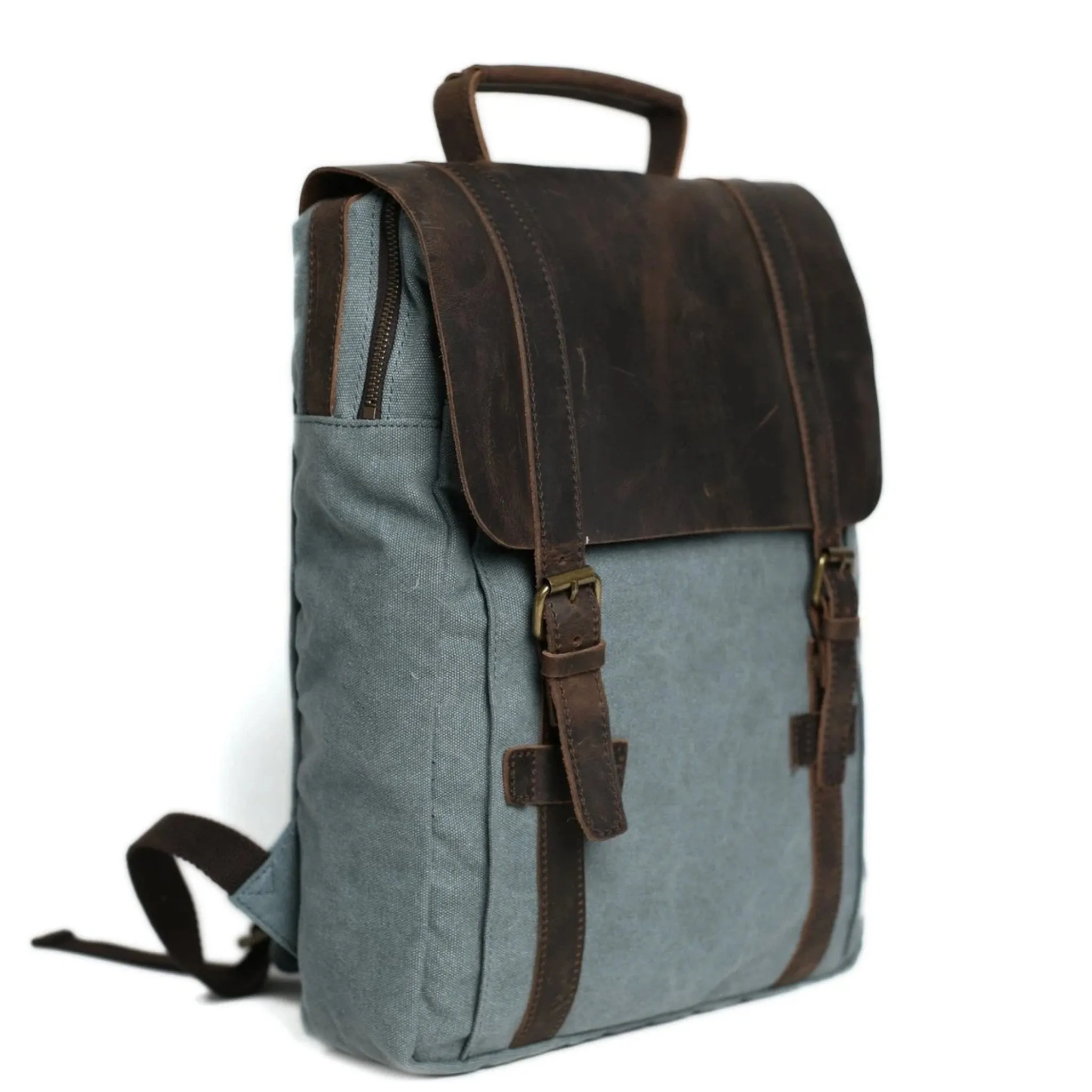 Waxed Canvas and Leather Double strap Backpack - Blue