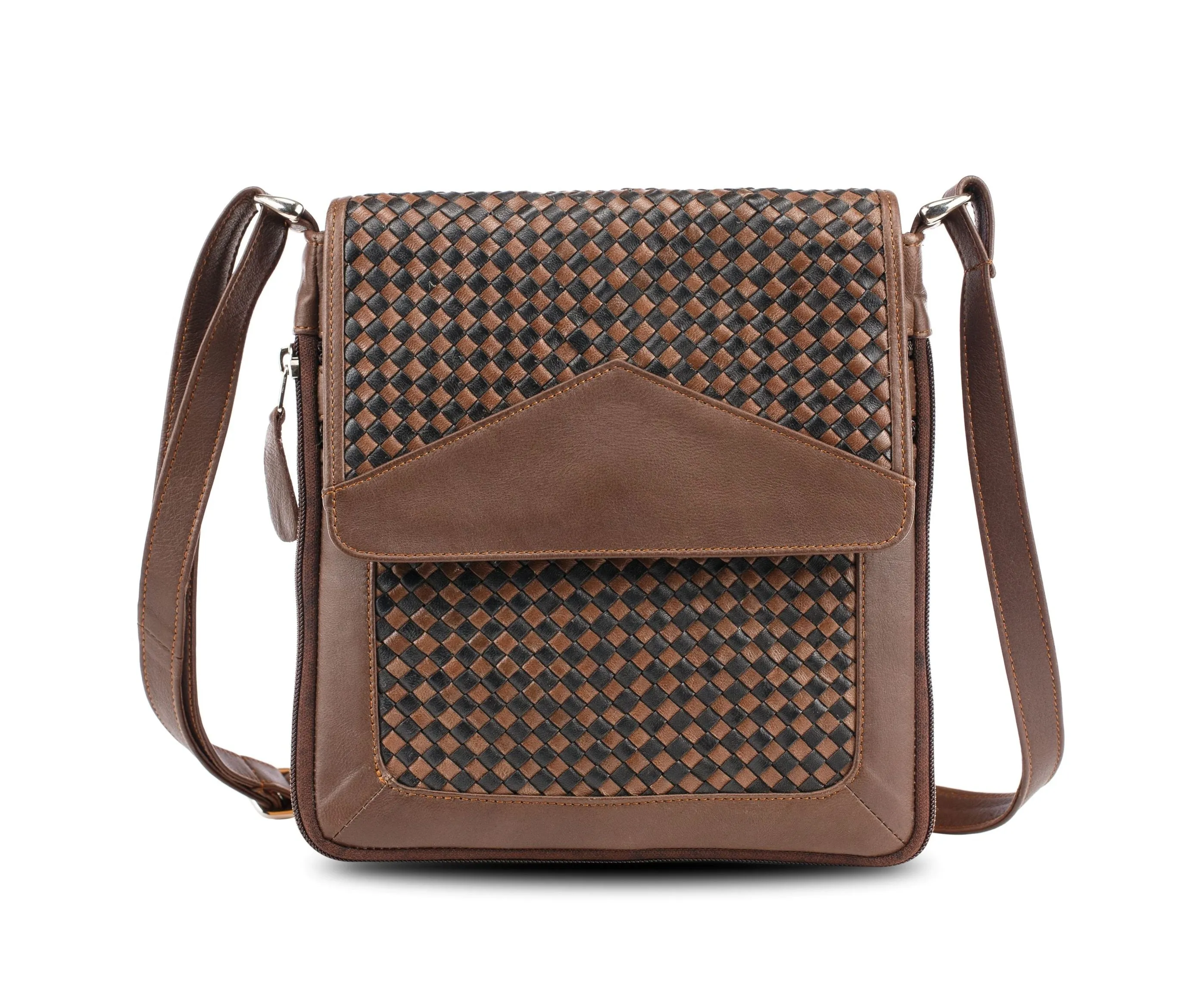 Woven Leather Cross Body Bag Black and Brown