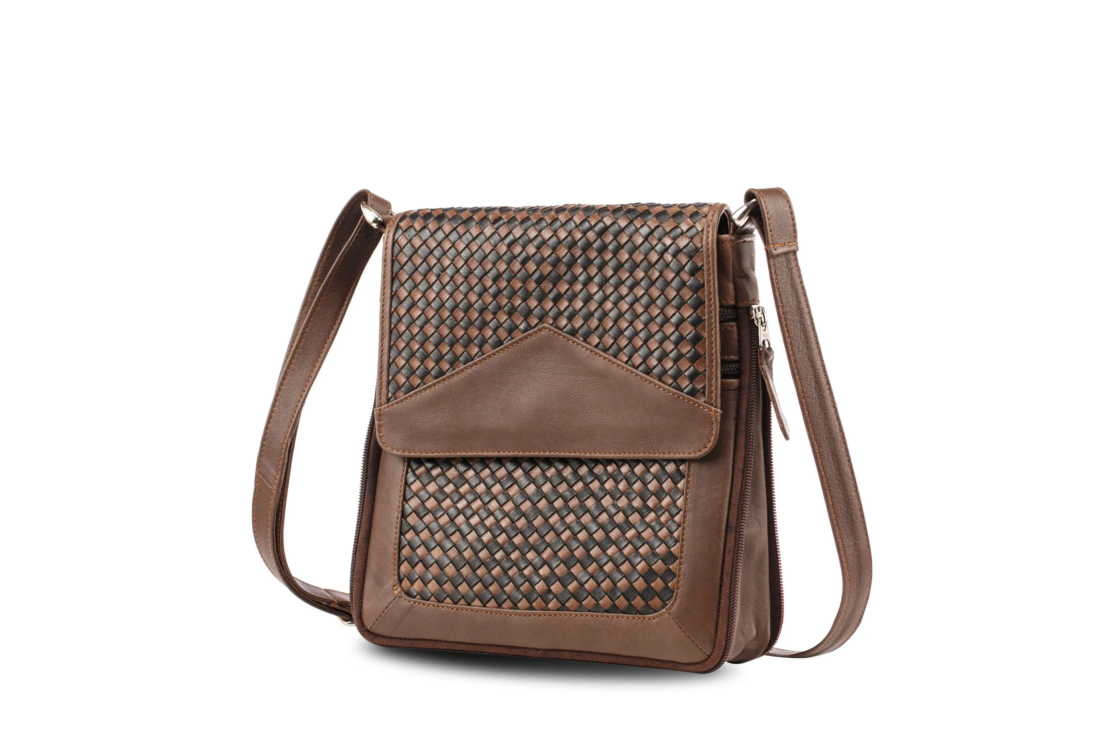 Woven Leather Cross Body Bag Black and Brown